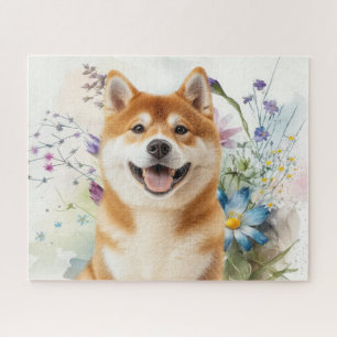 Akita Shiba Inu-hond met blauwe waterverf bloemen Legpuzzel