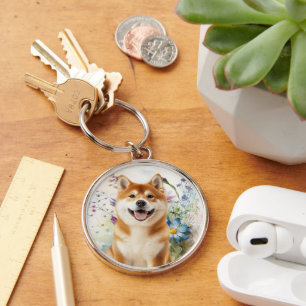 Akita Shiba Inu-hond met blauwe waterverf bloemen Sleutelhanger