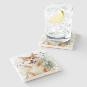 Akita Shiba Inu-hond met blauwe waterverf bloemen Stenen Onderzetter