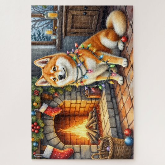 Akita Sitting by Fireplace with Christmas Lights Legpuzzel (Verticaal)