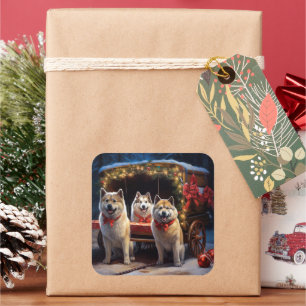 Akita Sneeuw Slede Rit Kerst Decoratie Vierkante Sticker