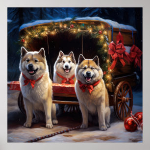 Akita Snowy Sleigh Ride Kerstdecoratie Poster