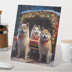 Akita Snowy Sleigh Ride Kerstdecoratie Reclamebord Met Voetstuk