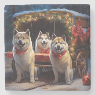 Akita Snowy Sleigh Ride Kerstdecoratie Stenen Onderzetter