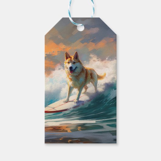 Akita Strand Surfen Schilderij Cadeaulabel (Voorkant)