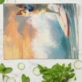 Akita Strand Surfen Schilderij Theedoek (Gevouwen)