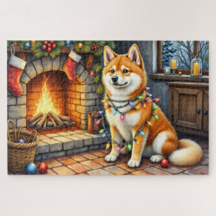 Akita zittend bij open haard met kerstlichtjes legpuzzel