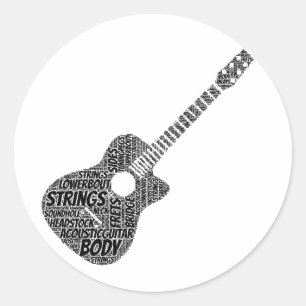 Akoestische Gitaar Gevormde Word Art Zwart Tekst Ronde Sticker