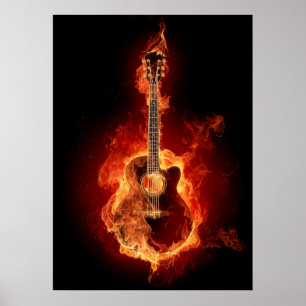 Akoestische gitaar in vlammen poster