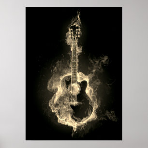Akoestische gitaar in witte vlammen poster