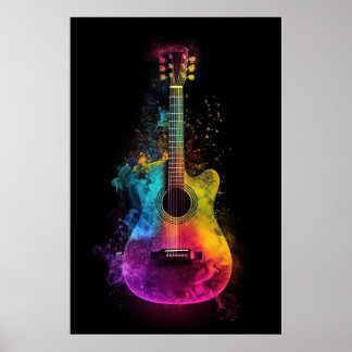 Akoestische gitaar met explosieve kleuren poster