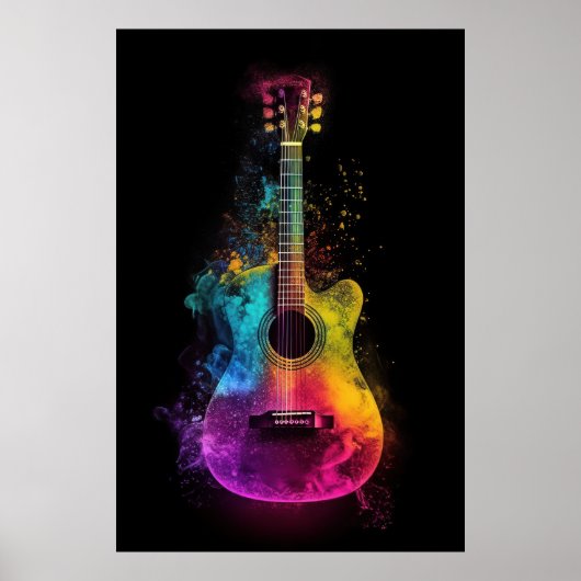 Akoestische gitaar met explosieve kleuren poster (Voorkant)