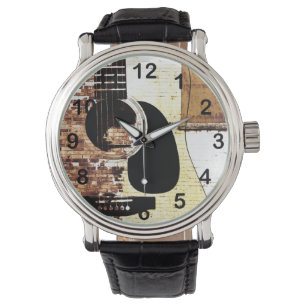 akoestische gitaar op baksteenachtergrond horloge