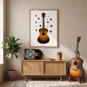 Akoestische Gitaar Sunburst Goud Zwarte Sterren Mu Poster