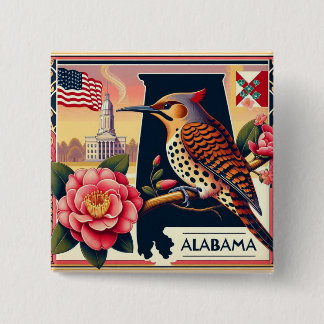 Alabama Northern Flicker Vogel & Camellia Bloem Vierkante Button 5,1 Cm