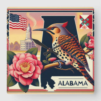 Alabama Northern Flicker Vogel & Camellia Bloem Vierkante Klok