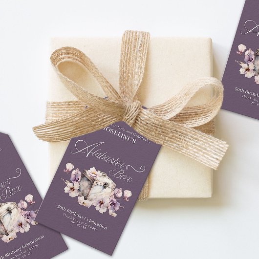 Alabaster Box Paarse Verjaardag Cadeaulabel