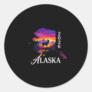 Alaska 2026 retro zonsondergang ram berg vakantie ronde sticker