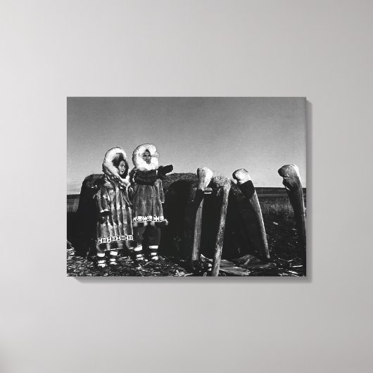 Alaska Fur clad eskimo arctic sod igloo Canvas Afdruk (Voorkant)