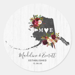 Alaska State Bestemming Rustiek Monogram Bruiloft Ronde Sticker