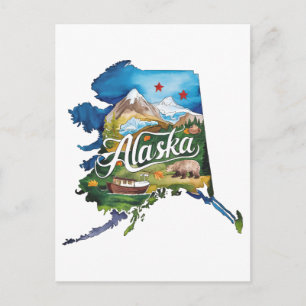 Alaska USA Staat Vorm Oude Waterverf  Briefkaart