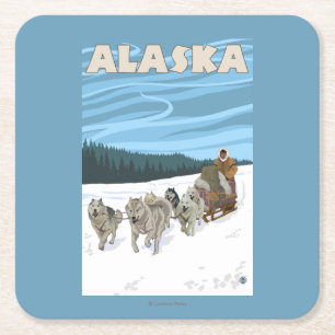 AlaskaDogsledding Vintage Travel Poster Vierkante Kartonnen Onderzetter
