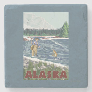 AlaskaFly Fisherman Vintage Travel Poster Stenen Onderzetter