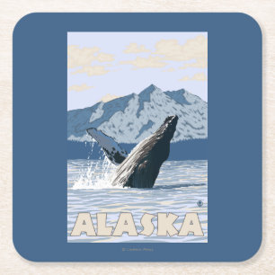 AlaskaHumpback Whale Vintage Travel Poster Vierkante Kartonnen Onderzetter