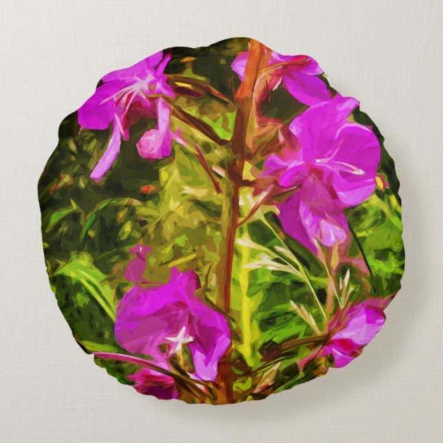 Alaskan Fireweed Pink Wildflower Abstract Rond Kussen (Achterkant)