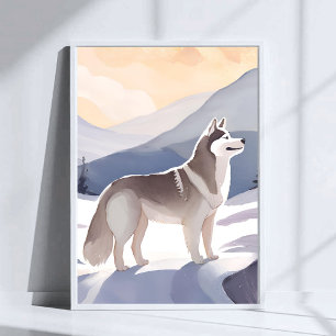 Alaskan Husky   Dog Mountain Aquarel Kunst Poster