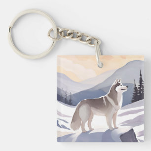Alaskan Husky   Dog Mountain Aquarel Sleutelhanger