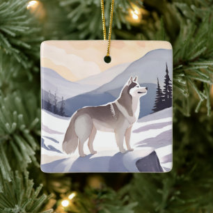 Alaskan Husky Dog Mountain Waterverf Keramisch Ornament