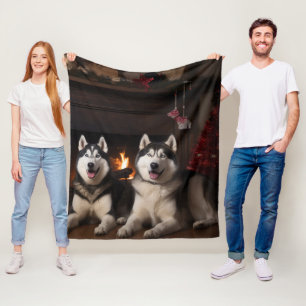 Alaskan Malamute bij de Haard Kerstmis Fleece Deken