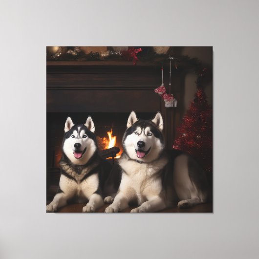 Alaskan Malamute bij de open haard Kerstmis Canvas Afdruk (Voorkant)