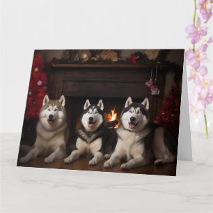 Alaskan Malamute bij de open haard Kerstmis Kaart