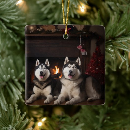 Alaskan Malamute bij de open haard Kerstmis Keramisch Ornament (Boom)