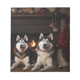 Alaskan Malamute bij de open haard Kerstmis Notitieblok