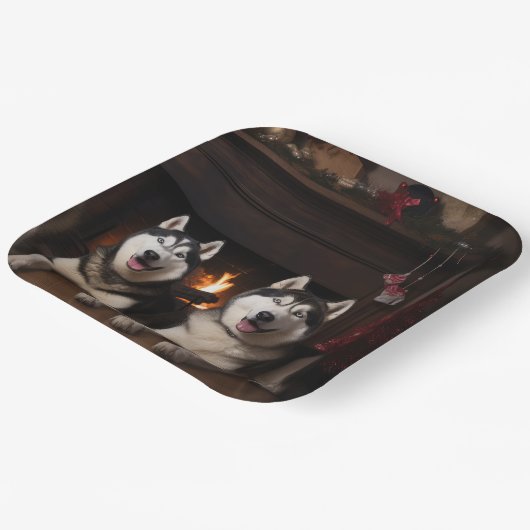 Alaskan Malamute bij de open haard Kerstmis Papieren Bordje (Gebogen)