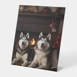 Alaskan Malamute bij de open haard Kerstmis Reclamebord Met Voetstuk