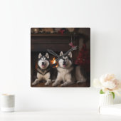 Alaskan Malamute bij de open haard Kerstmis Vierkante Klok (Huis)