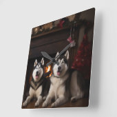 Alaskan Malamute bij de open haard Kerstmis Vierkante Klok (Hoek)