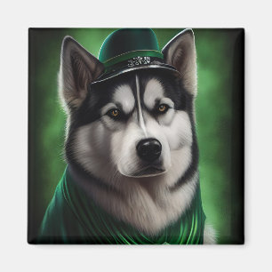 Alaskan Malamute dog in St. Patrick's Day Dress Magneet