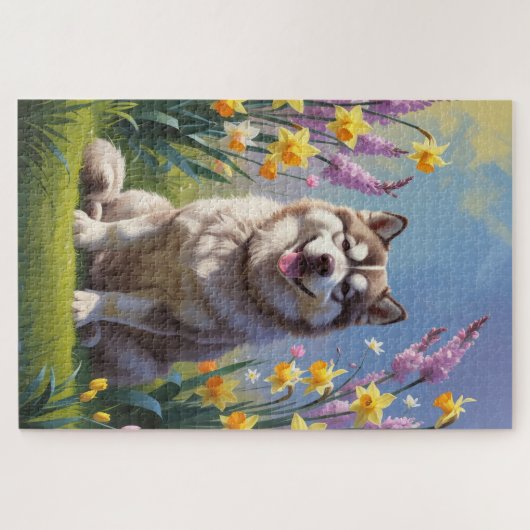 Alaskan Malamute Dog Spring Bloemen Schilderen Legpuzzel (Horizontaal)