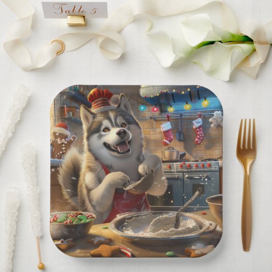 Alaskan Malamute Holiday Baking: Feestelijke Kerst Papieren Bordje (Huwelijk)