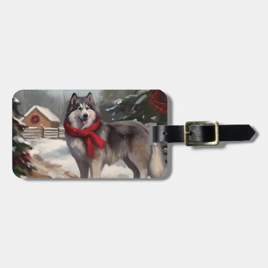 Alaskan Malamute Hond in Sneeuw Kerstmis Bagagelabel (Voorkant horizontaal)