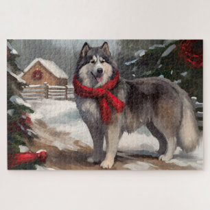 Alaskan Malamute-hond in sneeuw Kerstmis Legpuzzel