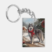 Alaskan Malamute Hond in Sneeuw Kerstmis Sleutelhanger (Voorkant Links)