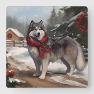 Alaskan Malamute Hond in Sneeuw Kerstmis Vierkante Klok