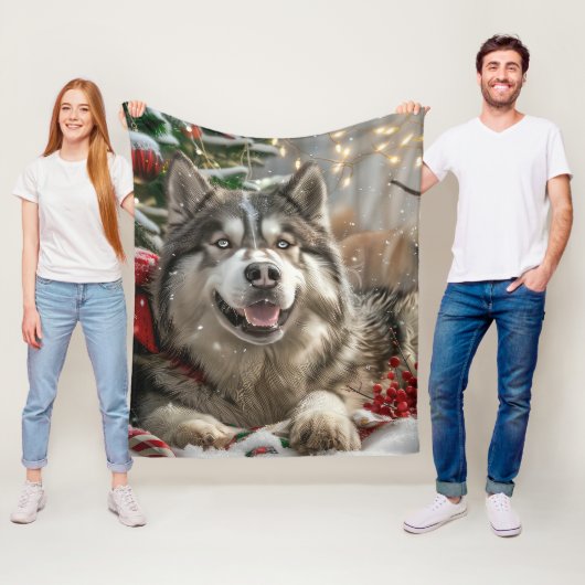 Alaskan Malamute Hond Kerstfeest Fleece Deken (In situ)