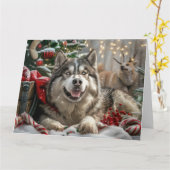 Alaskan Malamute Hond Kerstfeest Kaart (Gele Bloem)